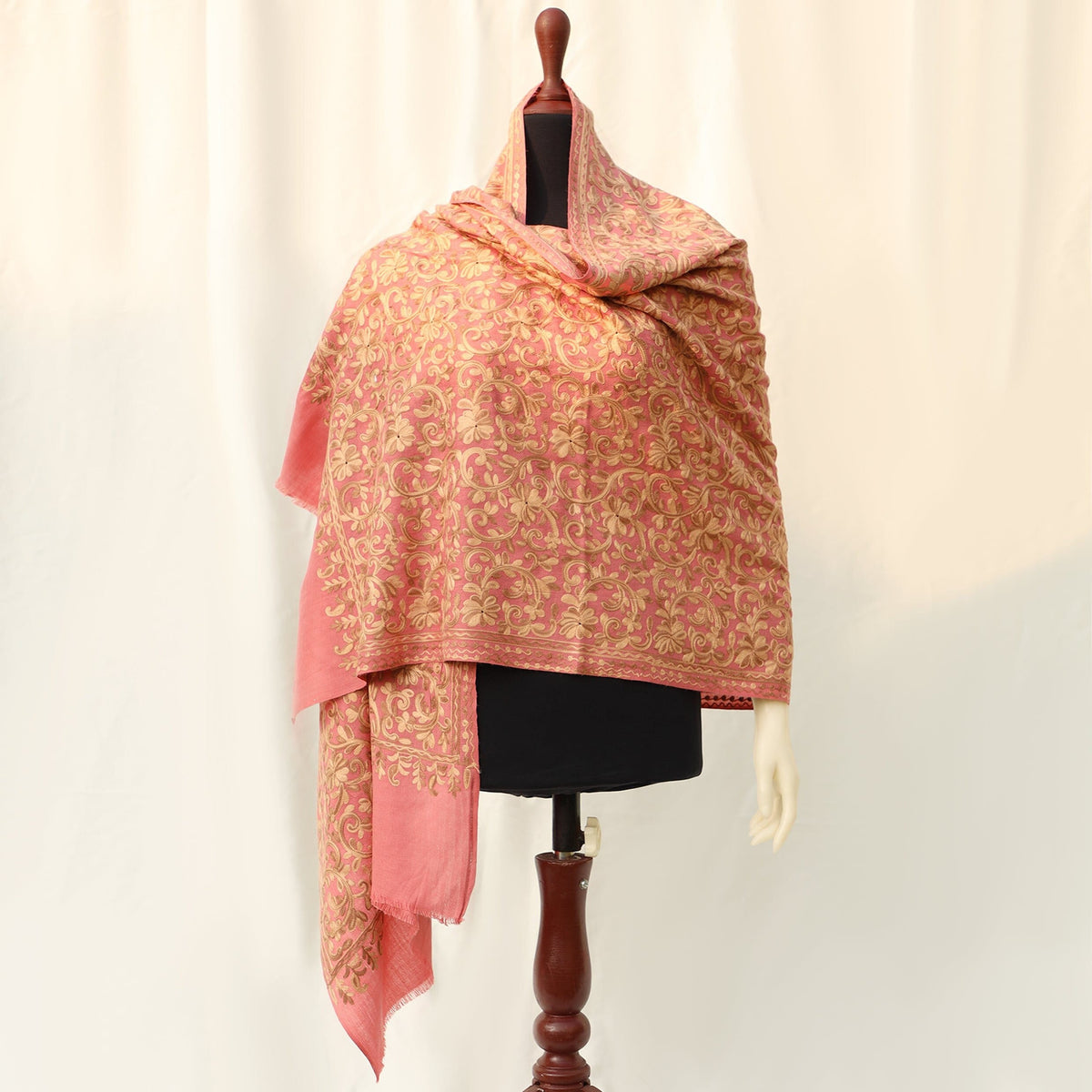 Pashmina Wool Shawl - Pink/Beige with Champagne/Blue colored Embroidery