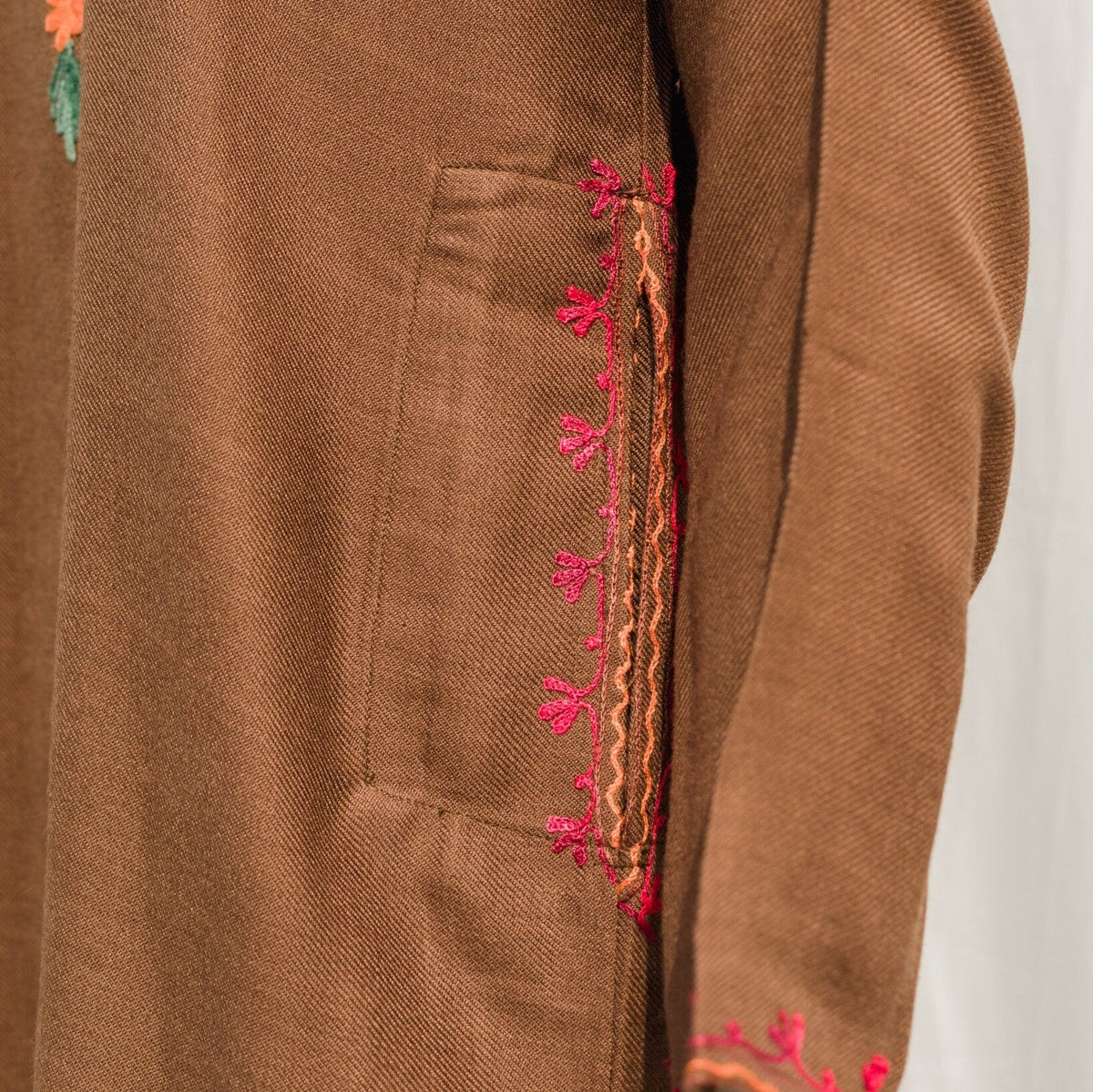 Brown Long Length Kurta Kashmiri Aari embroidery for women loose fit with embroidered motifs on kashmiri pure wool with Pockets eid dress