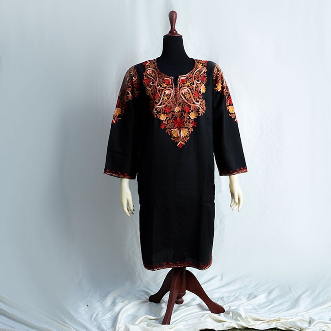 Pashmina Wool Long Shirt - Black with Multicolored Embroidery