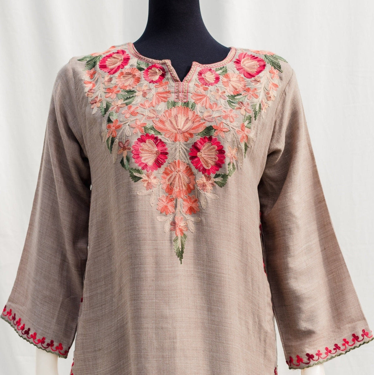 Beige Embroidered Kurti knee length pure wool pashmina for eid dress women gift for her Aari embroidery on Pashmina wool for pakistani dress