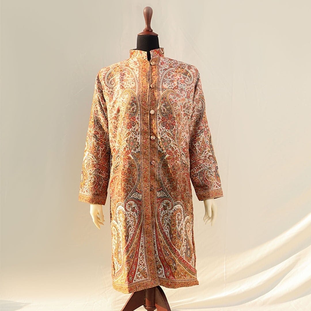 Pashmina Kani Woven Jacket - Light Beige base multi-colored woven embroidery