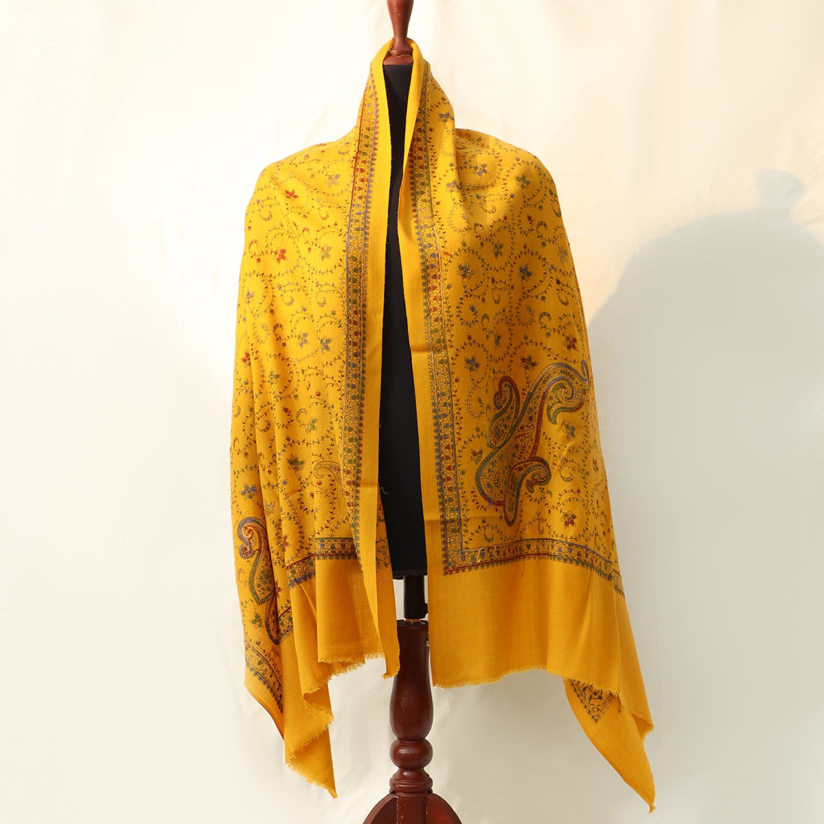 Mixed Wool Shawl - Bright Mustard with Multicolored Full Embroidery