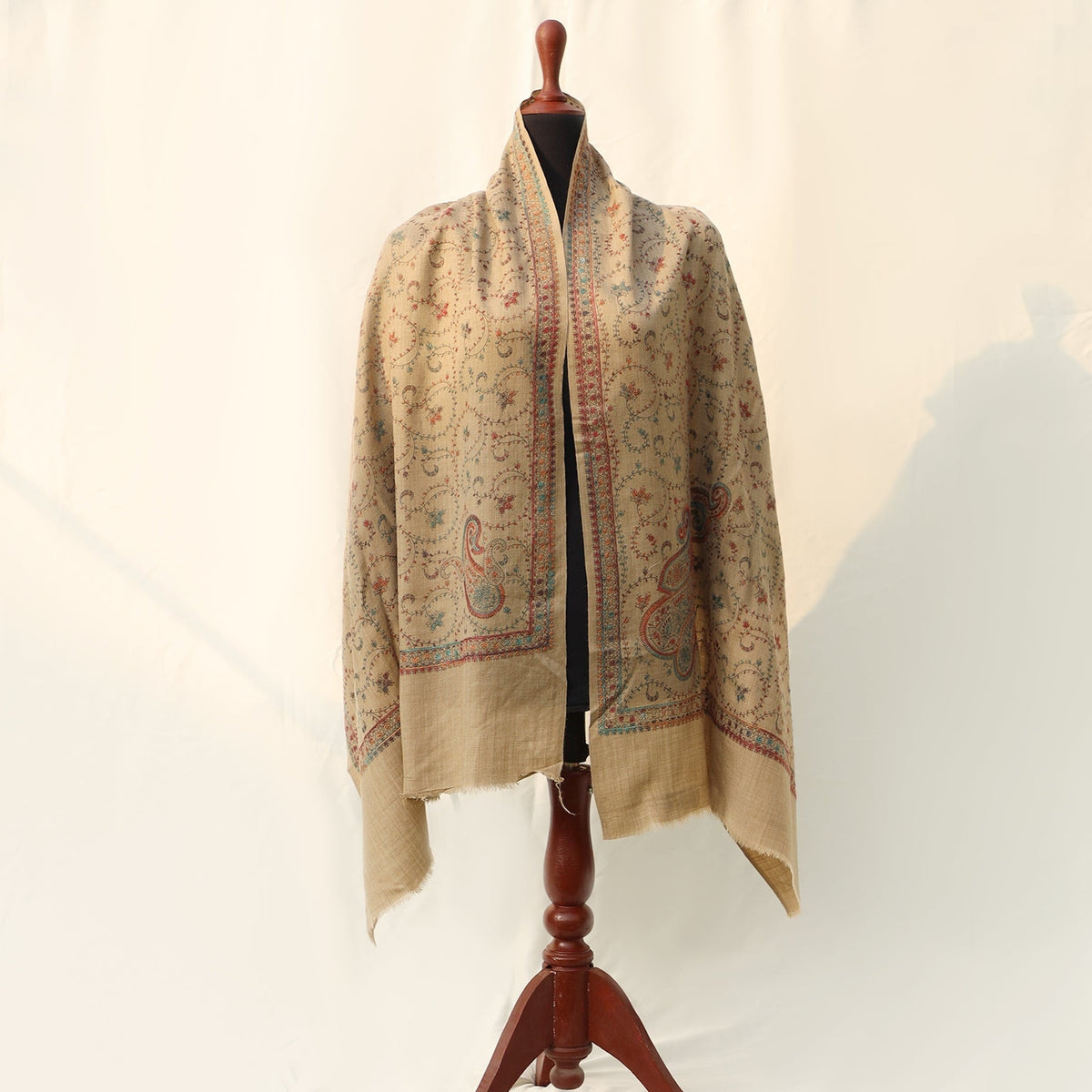 Mixed Wool Shawl - Beige with Multicolored Embroidery