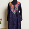 Navy Blue Cotton Kurti shirt with multi colored neck embroidery