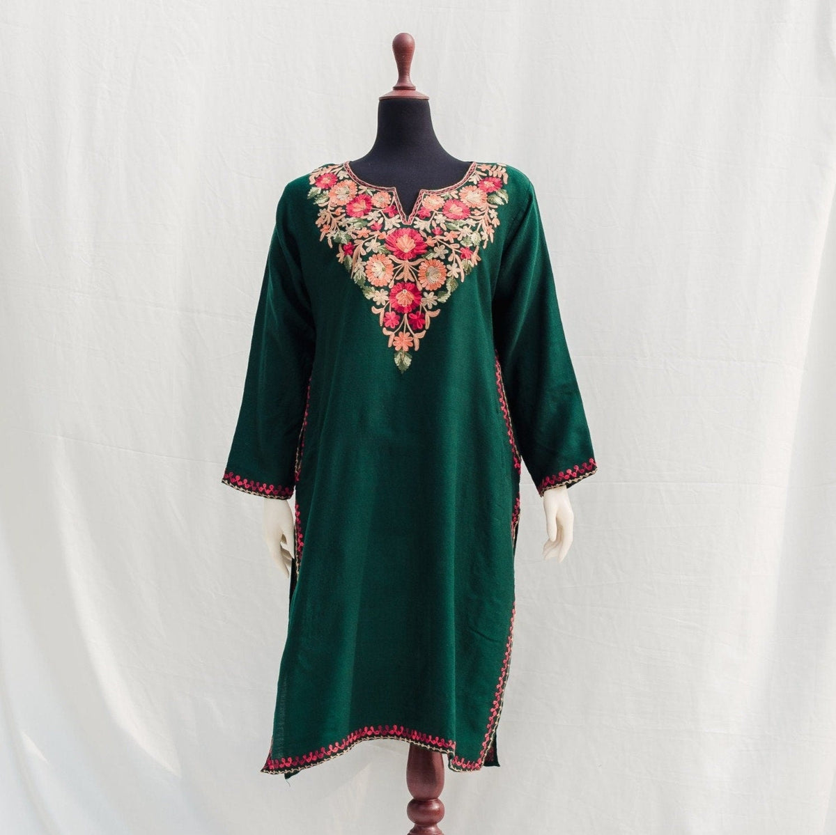 Kashmiri Aari Kurta for women Loose fit green embroidered top Indian winter wear Knee Length Shirt with Pocket ethnic embroidery on kashmiri