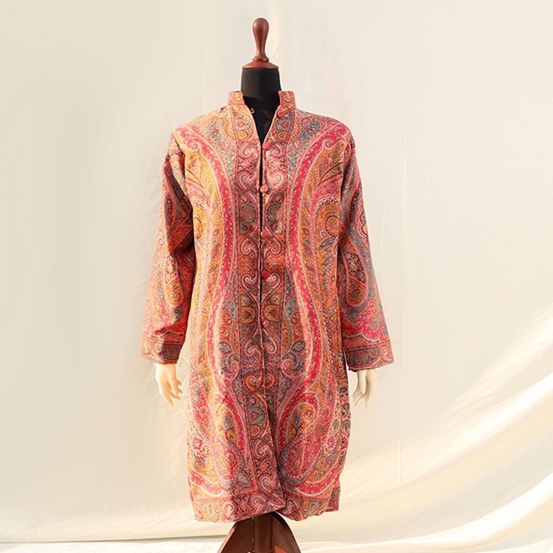 Pashmina Kani Woven Jacket - Varied shades of pink base multi-colored woven embroidery