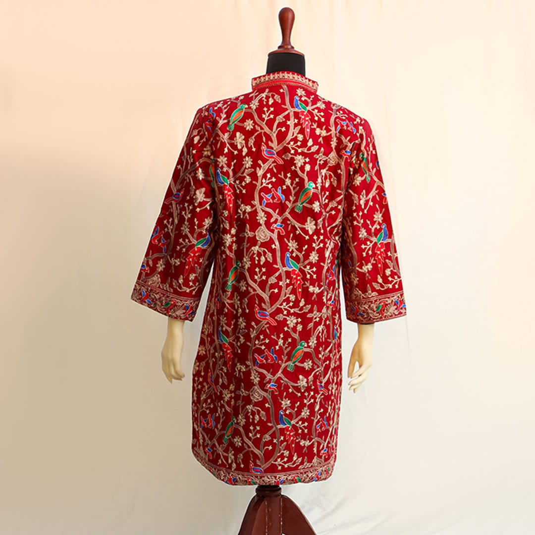 Plus size Red Maroon Embroidered Jacket Bohemian Knee Length Jacket Formal Party Wear Embellished Jacket Silk threadwork for Eid Dress