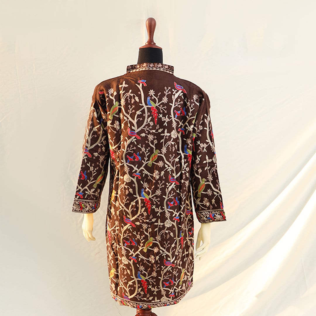 Plus size Brown Embroidered Long Jacket Pakistani Wedding Dress Bohemian Animal Print Jacket 2XL size Pashmina Wool Ethnic Jacket for Eid