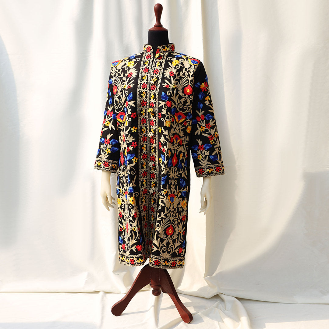 Floral Black Jacket Boho Dress Indian Floral Jacket Kashmiri Embroidered Jacket Front Open Wedding Wear Pakistani Eid Dress Bohemian Coat