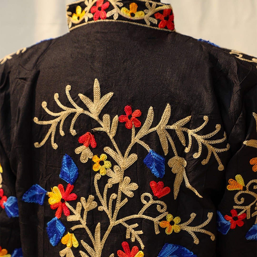 Floral Black Jacket Boho Dress Indian Floral Jacket Kashmiri Embroidered Jacket Front Open Wedding Wear Pakistani Eid Dress Bohemian Coat