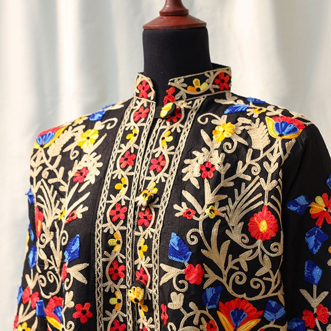 Floral Black Jacket Boho Dress Indian Floral Jacket Kashmiri Embroidered Jacket Front Open Wedding Wear Pakistani Eid Dress Bohemian Coat