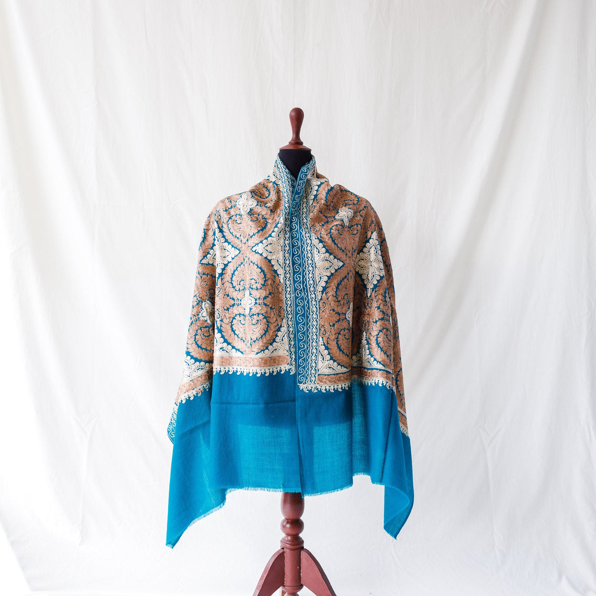 Woolen Pashmina Silk Shawl Turquoise Fully Handmade Machine Embroidered Wool Shawl for Fall - Ethnic Pattern Inspired by India