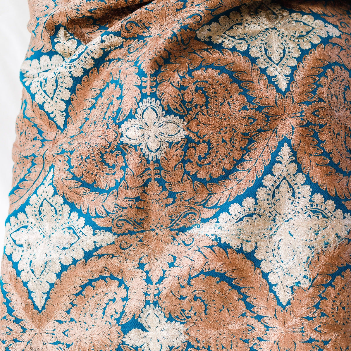 Woolen Pashmina Silk Shawl Turquoise Fully Handmade Machine Embroidered Wool Shawl for Fall - Ethnic Pattern Inspired by India