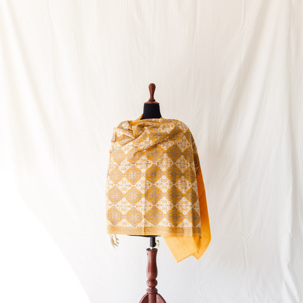 Pashmina Wool Shawl - Yellow Ochre Fully Embroidered