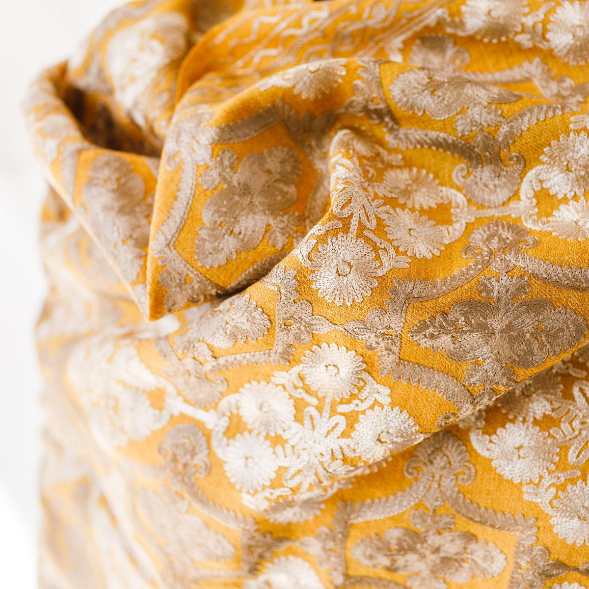 Pashmina Wool Shawl - Yellow Ochre Fully Embroidered