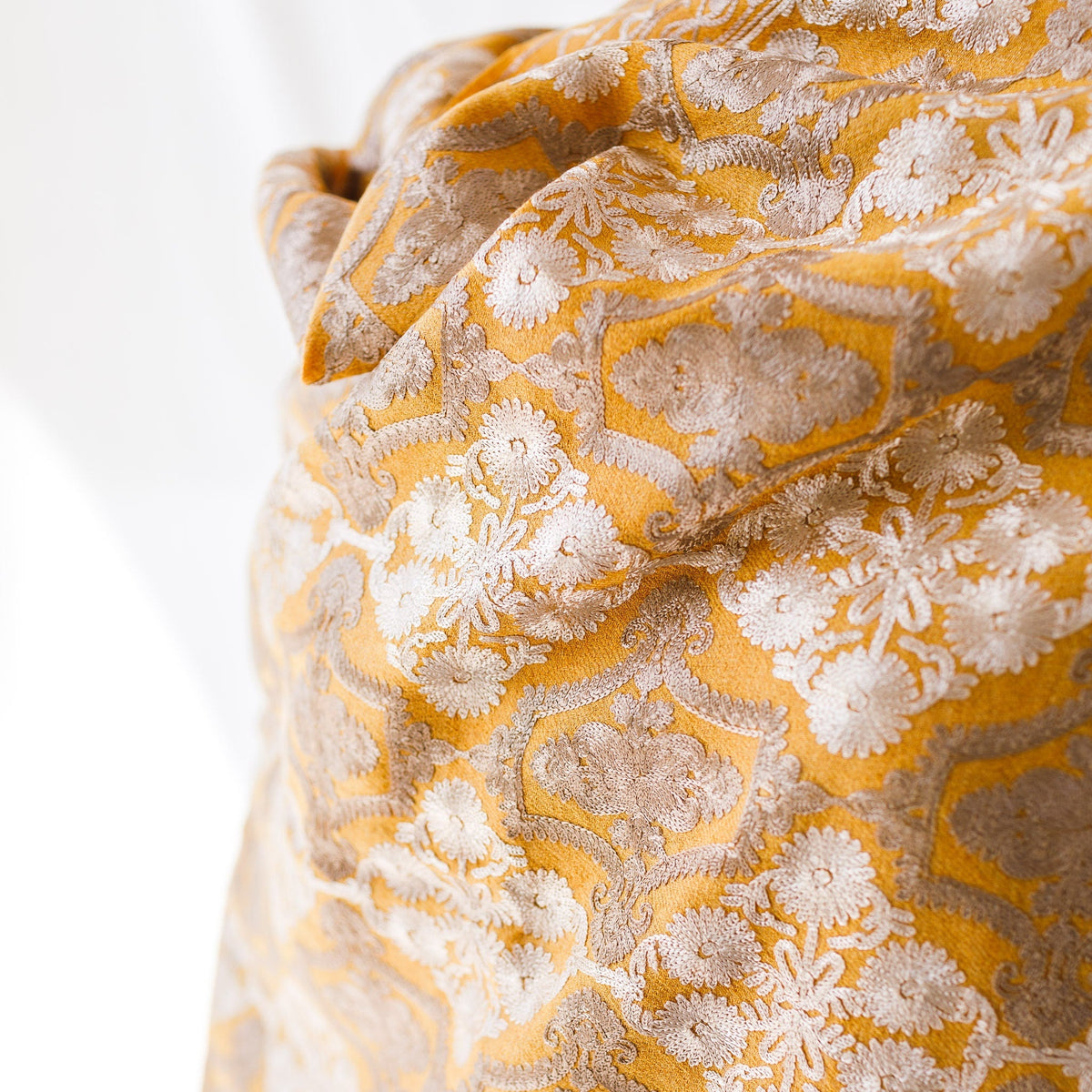 Pashmina Wool Shawl - Yellow Ochre Fully Embroidered