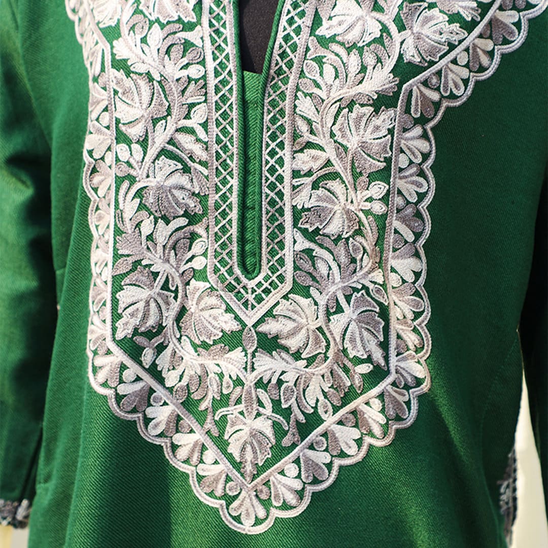 Bottle Green Kashmiri Pheran Shirt with Detailed grey white Embroidered top with pockets indian ethnic kurti for women pakistani boho kurti