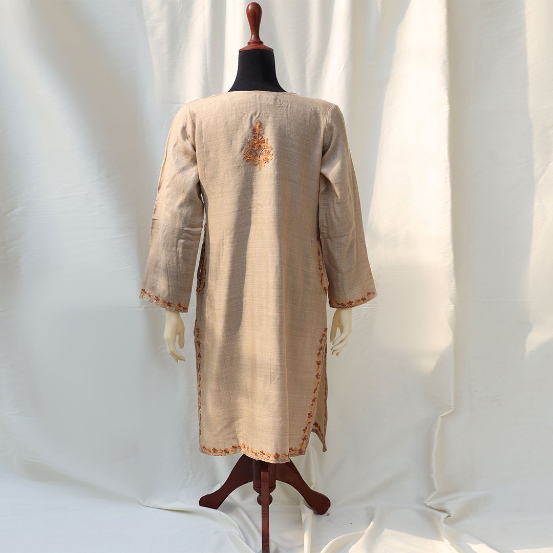 Beige Kashmiri Pheran Shirt with Rust Embroidery Long kurti for women ethnic tops boho vibe long shirt with pocket side slits asian fusion