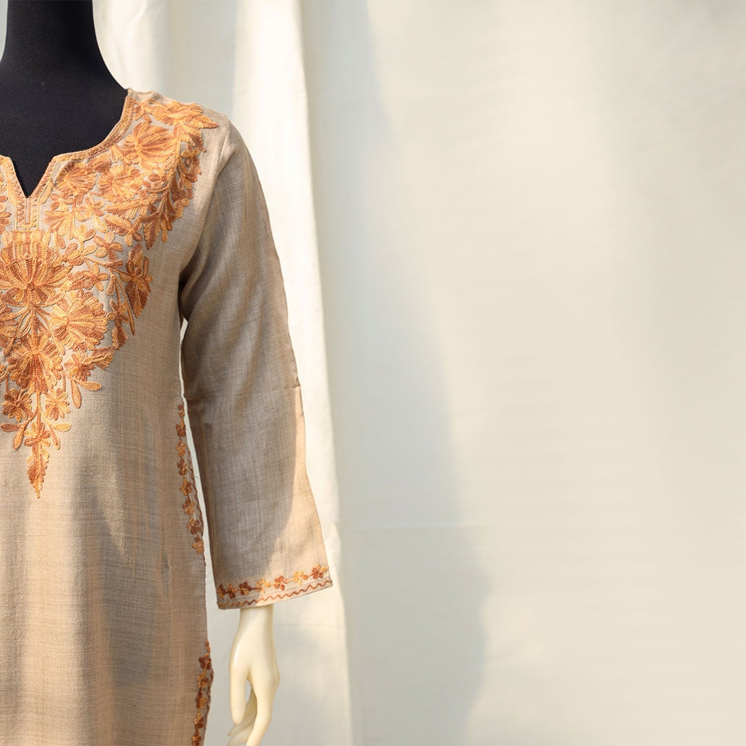 Beige Kashmiri Pheran Shirt with Rust Embroidery Long kurti for women ethnic tops boho vibe long shirt with pocket side slits asian fusion