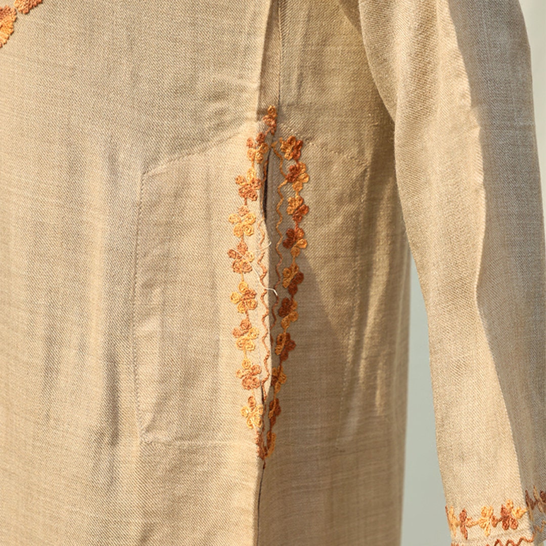 Beige Kashmiri Pheran Shirt with Rust Embroidery Long kurti for women ethnic tops boho vibe long shirt with pocket side slits asian fusion