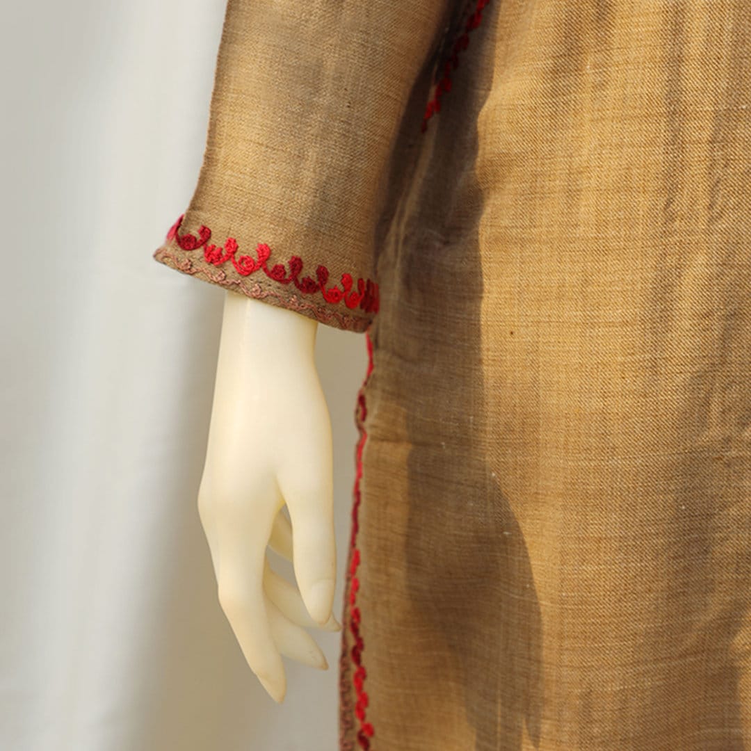 Brown Beige Kashmiri Pheran Shirt with Detailed Embroidery | Embroidered Details Around the Neck and Shoulders | Asian fusion ethnic kurti