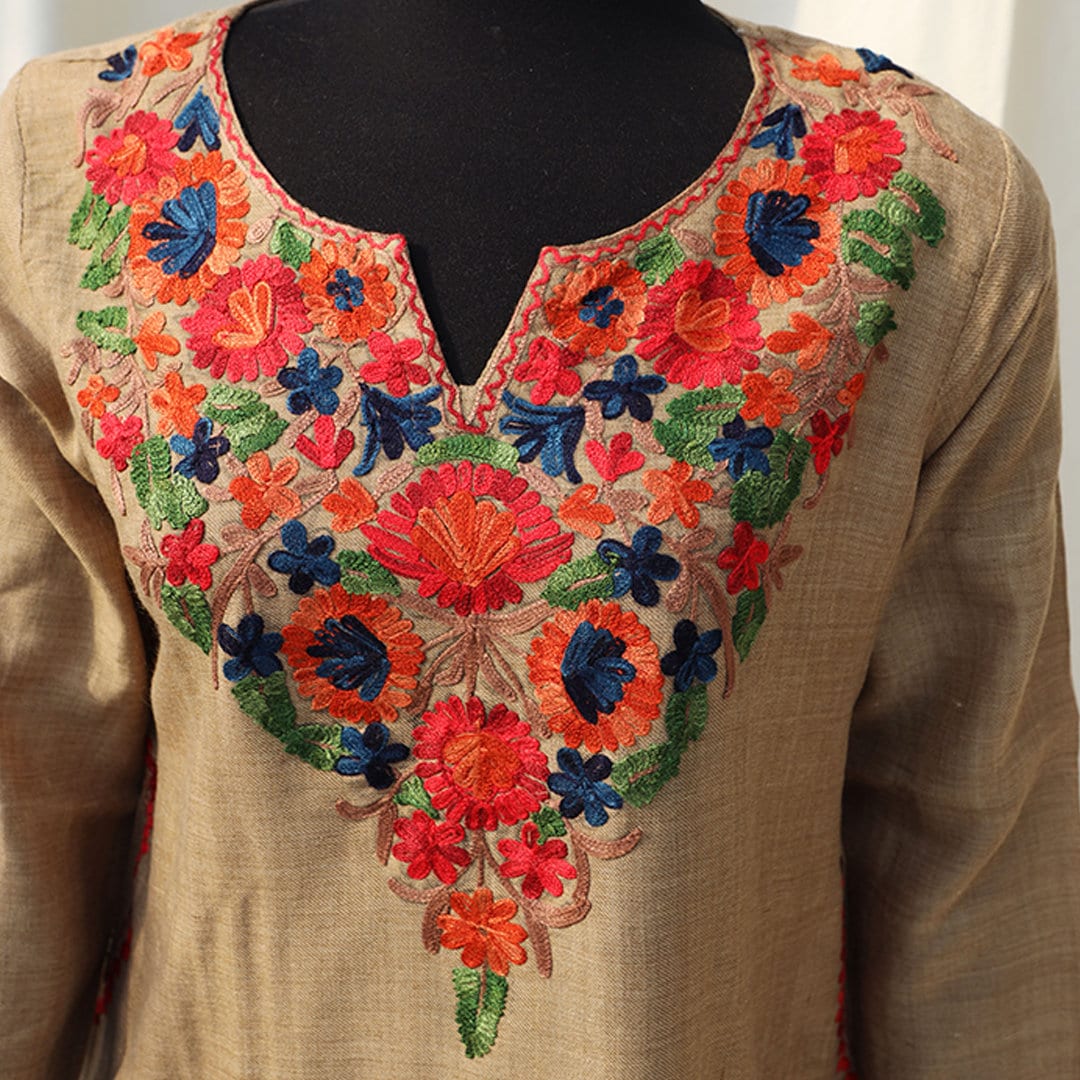 Brown Beige Kashmiri Pheran Shirt with Detailed Embroidery | Embroidered Details Around the Neck and Shoulders | Asian fusion ethnic kurti