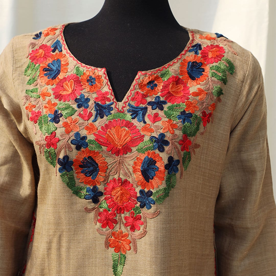 Brown Beige Kashmiri Pheran Shirt with Detailed Embroidery | Embroidered Details Around the Neck and Shoulders | Asian fusion ethnic kurti