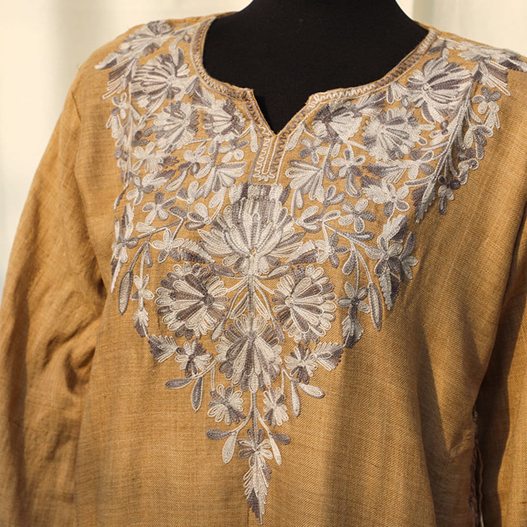 Brown Beige Kashmiri Pheran Shirt with Detailed Embroidery | Embroidered Details Around the Neck and Shoulders | Soft Aari Boho Long Top