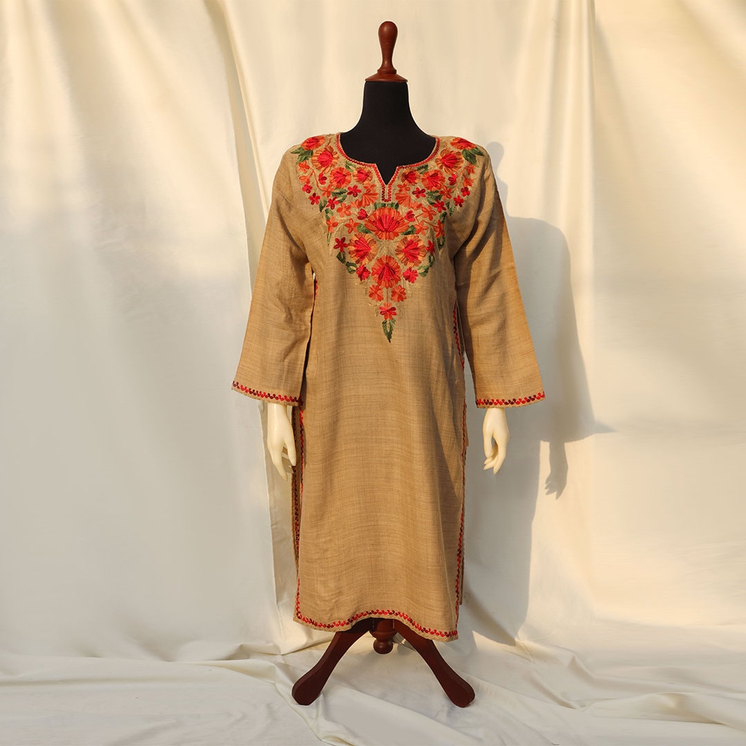 Brown Kashmiri Pheran Shirt with Detailed Embroidery | Embroidered Details Around the Neck and Shoulders | Super Soft Cashmere Shirt