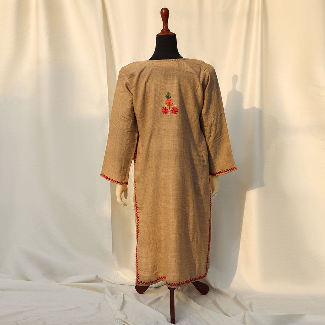 Brown Kashmiri Pheran Shirt with Detailed Embroidery | Embroidered Details Around the Neck and Shoulders | Super Soft Cashmere Shirt