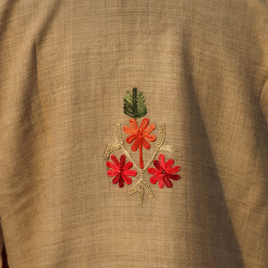 Brown Kashmiri Pheran Shirt with Detailed Embroidery | Embroidered Details Around the Neck and Shoulders | Super Soft Cashmere Shirt