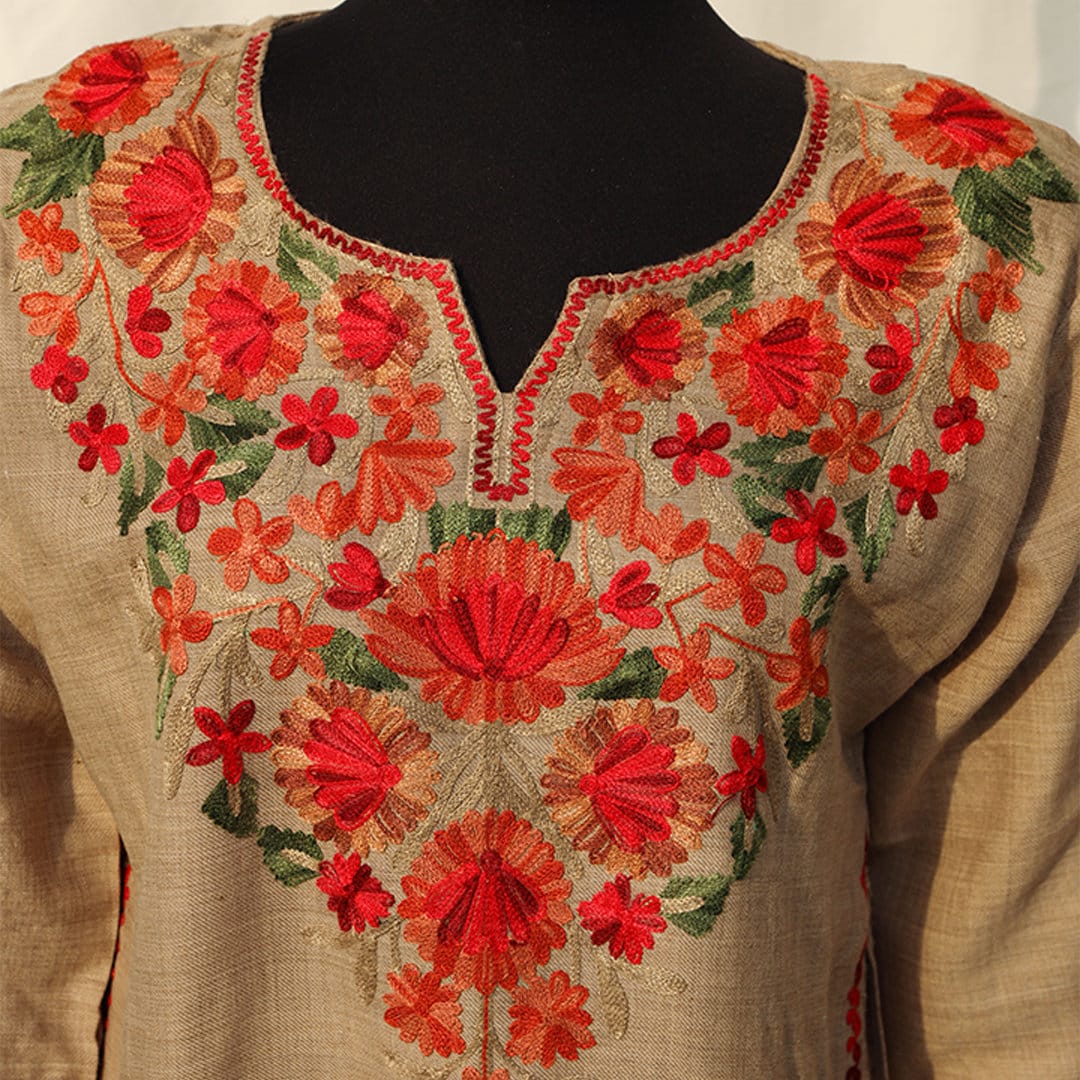 Brown Kashmiri Pheran Shirt with Detailed Embroidery | Embroidered Details Around the Neck and Shoulders | Super Soft Cashmere Shirt