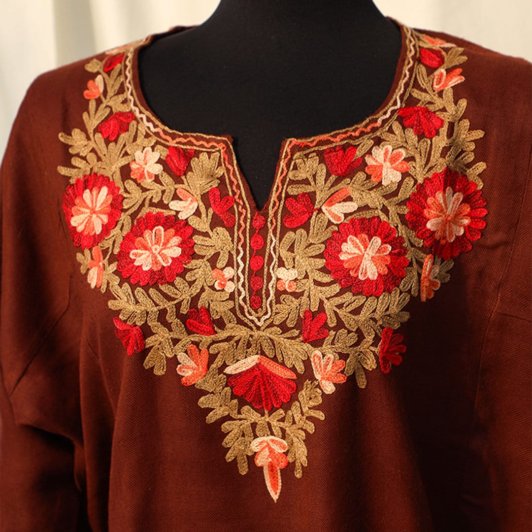 Dark Brown Maroon Kashmiri Pheran Shirt with Detailed Embroidery | Pakistani Long Kurti ethnic kashmiri wear | Super Soft Cashmere Shirt