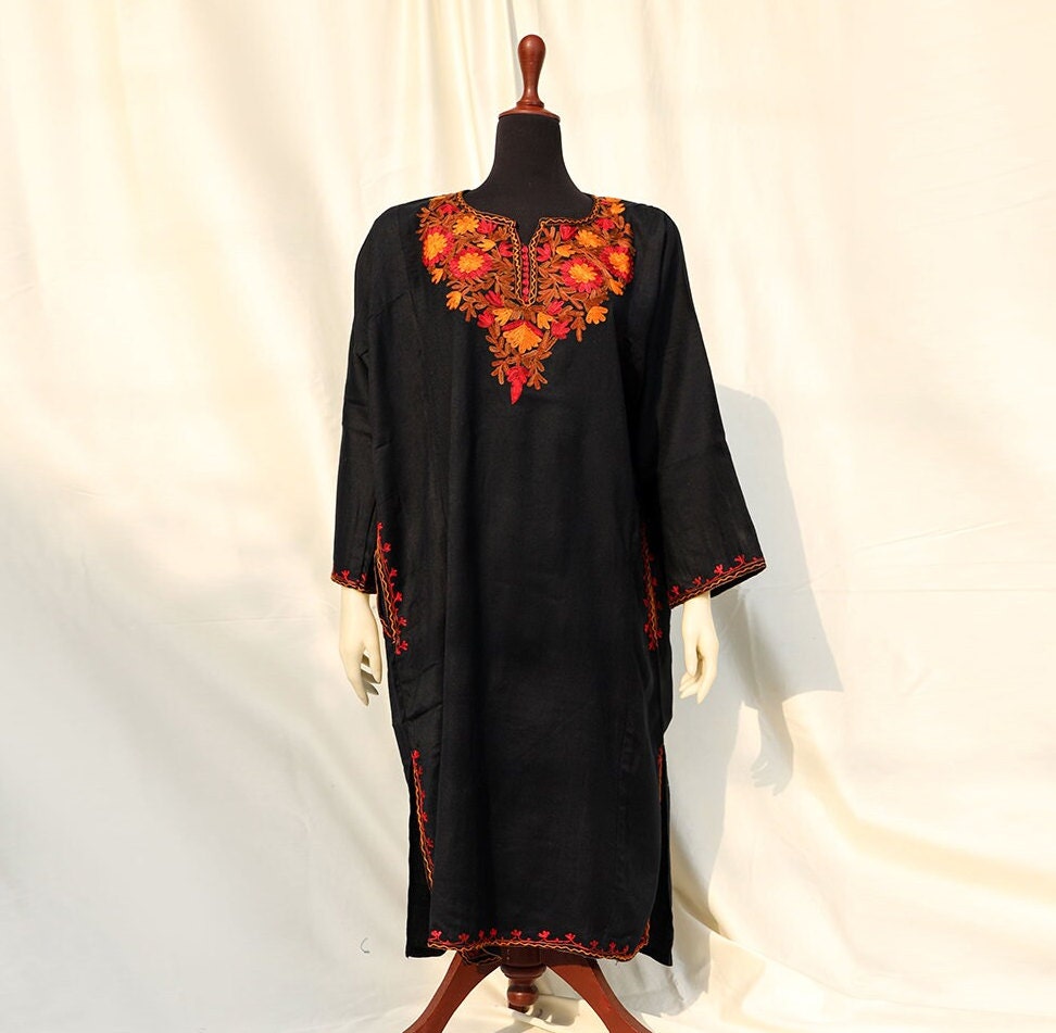 Dark Blue Kashmiri Pheran Shirt Aari embroidery ethnic Indian Kurti for Her Boho Long Dress side slits with Pockets multicolored embroidery