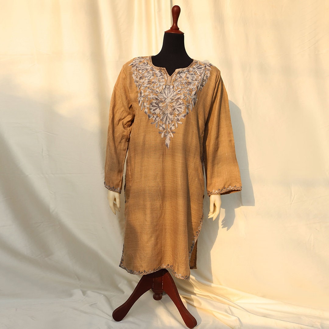 Brown Beige Kashmiri Pheran Shirt with Detailed Embroidery | Embroidered Details Around the Neck and Shoulders | Soft Aari Boho Long Top