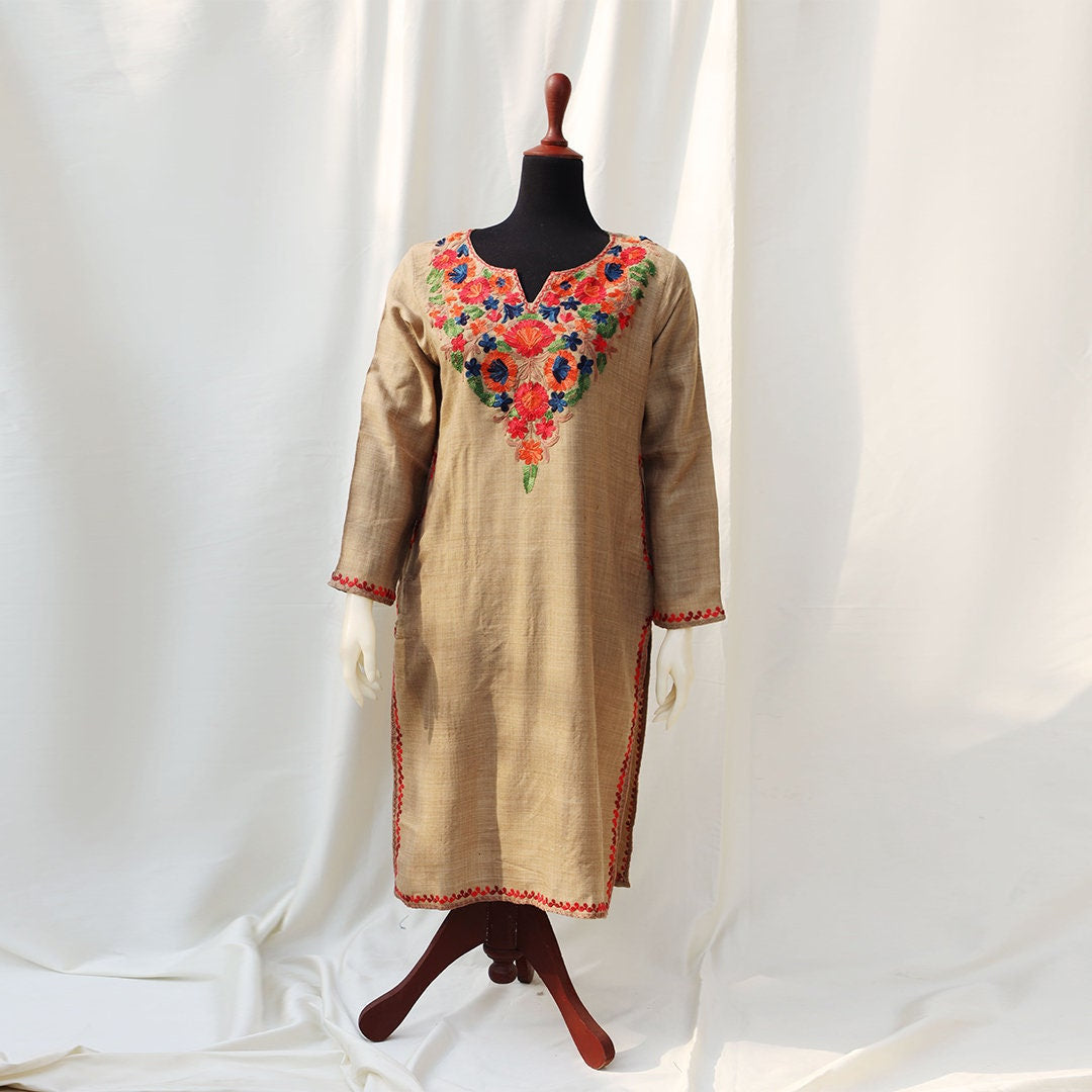 Brown Beige Kashmiri Pheran Shirt with Detailed Embroidery | Embroidered Details Around the Neck and Shoulders | Asian fusion ethnic kurti