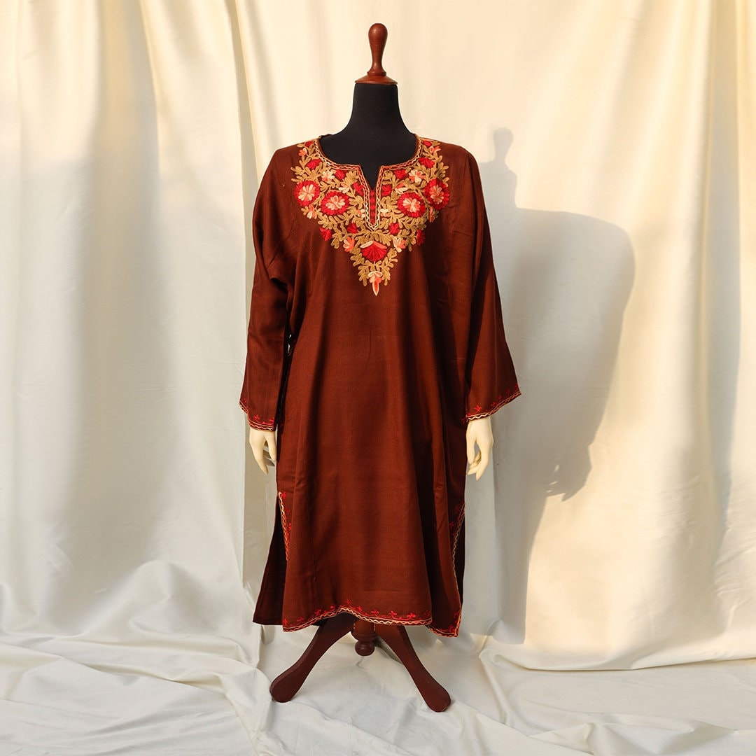 Dark Brown Maroon Kashmiri Pheran Shirt with Detailed Embroidery | Pakistani Long Kurti ethnic kashmiri wear | Super Soft Cashmere Shirt