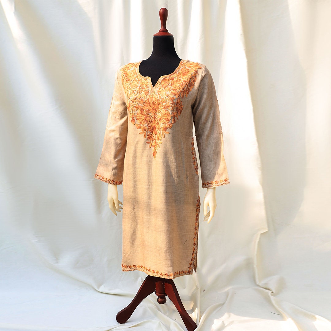 Beige Kashmiri Pheran Shirt with Rust Embroidery Long kurti for women ethnic tops boho vibe long shirt with pocket side slits asian fusion