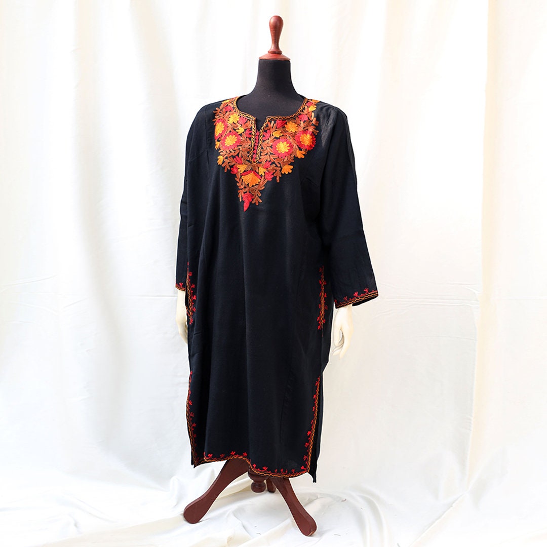 Dark Blue Kashmiri Pheran Shirt Aari embroidery ethnic Indian Kurti for Her Boho Long Dress side slits with Pockets multicolored embroidery