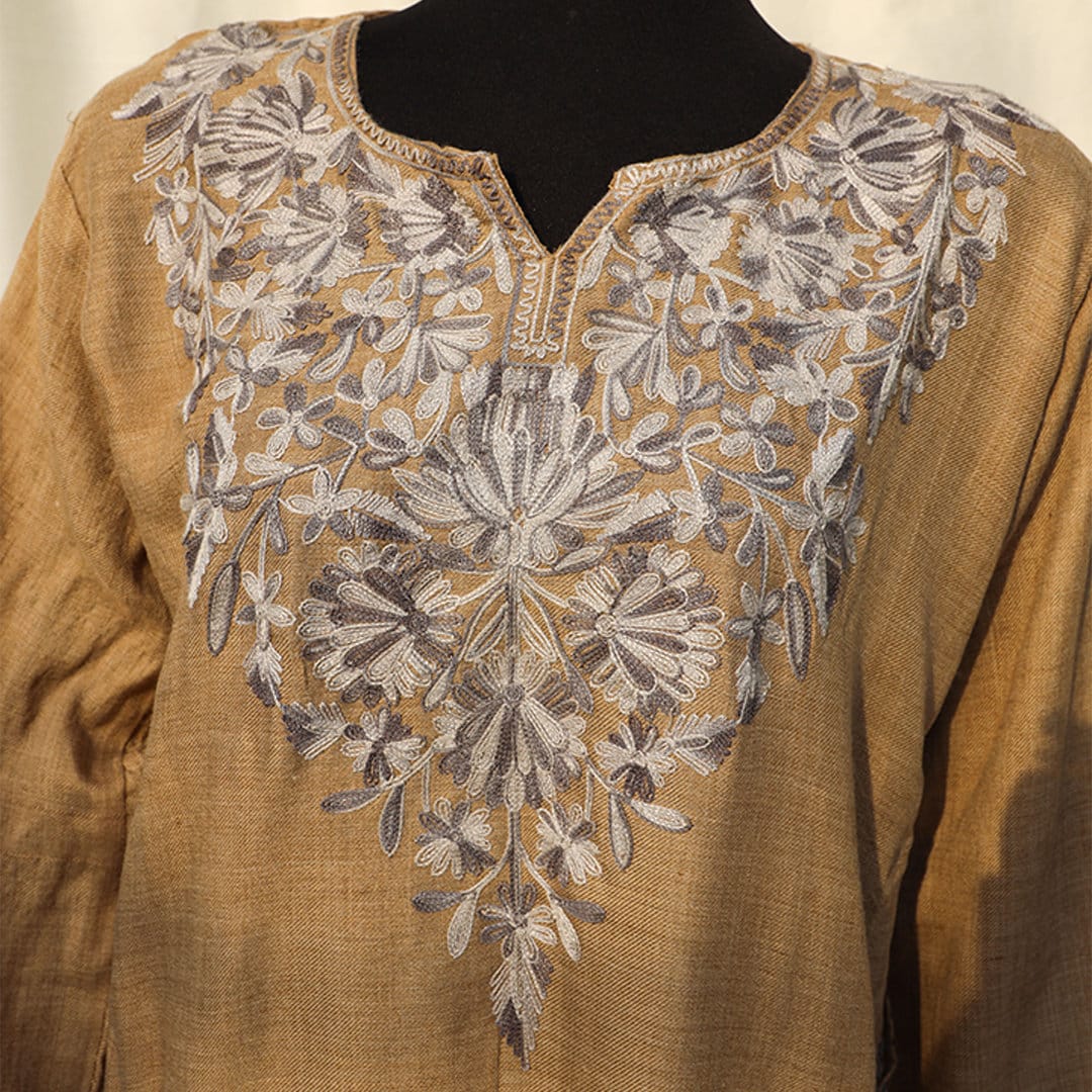 Brown Beige Kashmiri Pheran Shirt with Detailed Embroidery | Embroidered Details Around the Neck and Shoulders | Soft Aari Boho Long Top