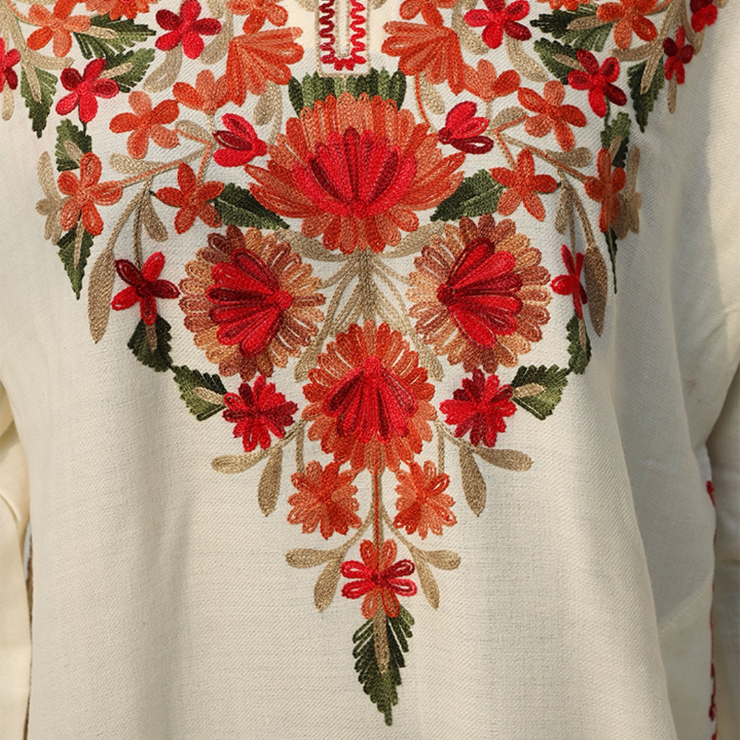 Off White Kashmiri Pheran Shirt with Detailed Aari work embroidered ethnic indian kurta for women wear pakistani khaadi wool long boho wear