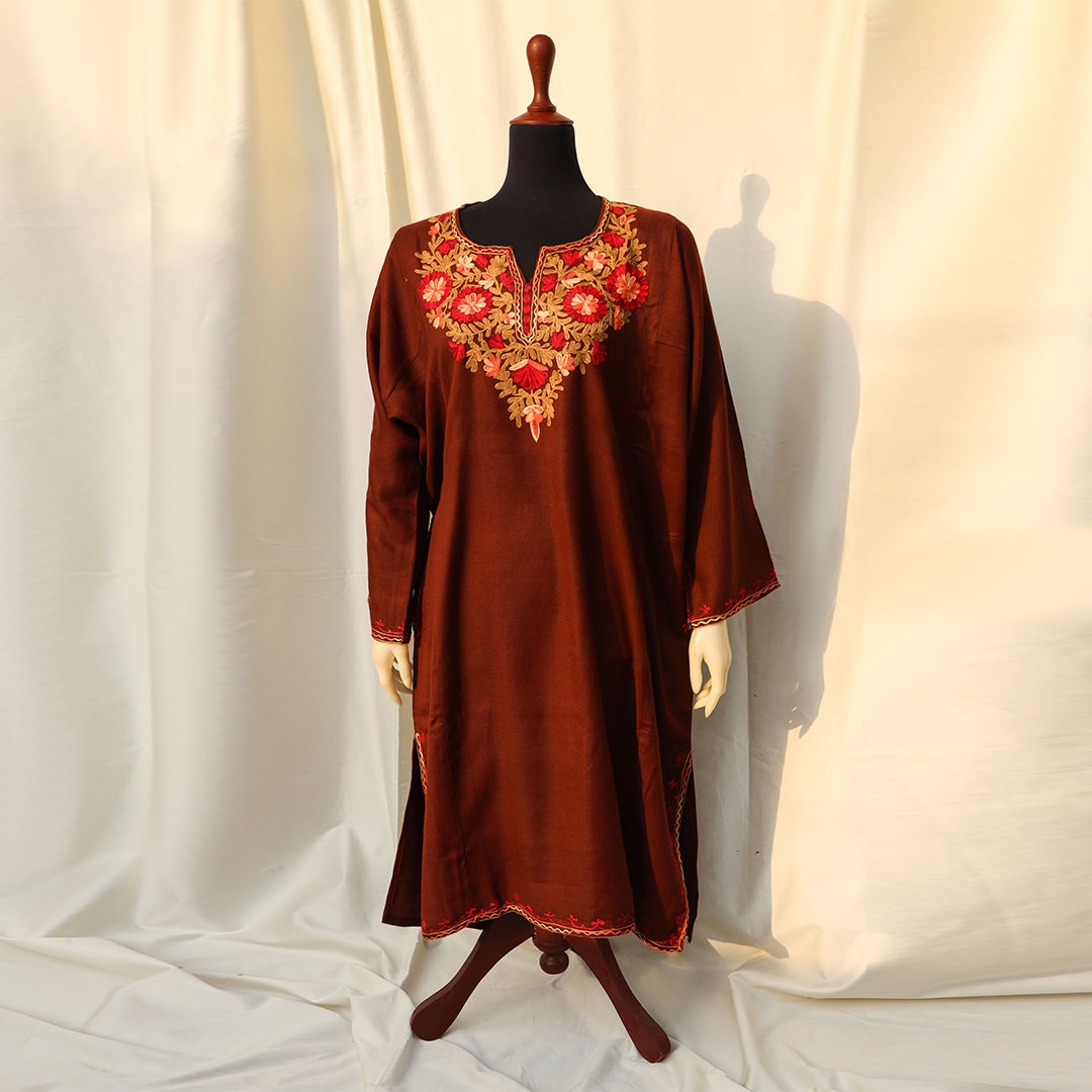 Dark Brown Maroon Kashmiri Pheran Shirt with Detailed Embroidery | Pakistani Long Kurti ethnic kashmiri wear | Super Soft Cashmere Shirt