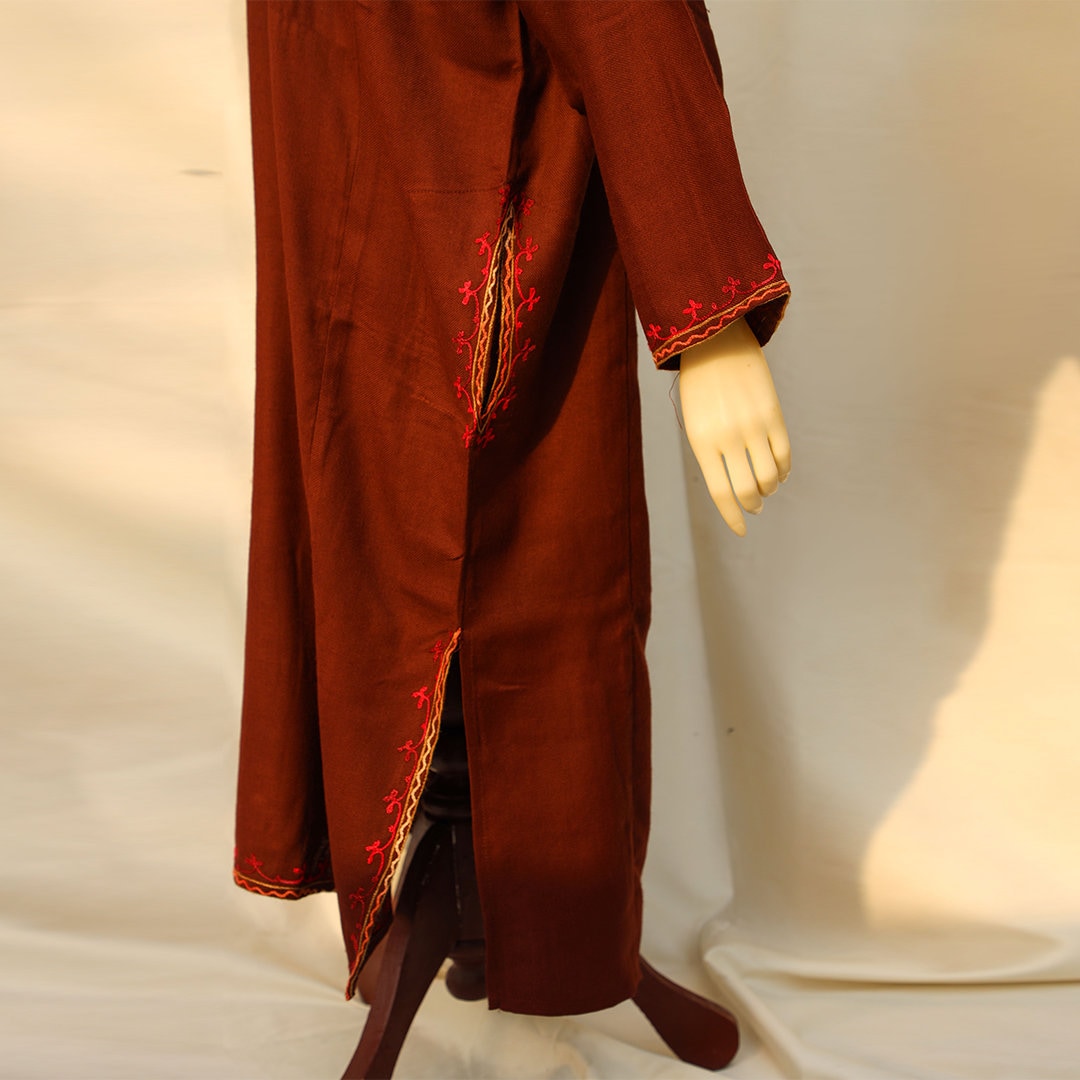 Dark Brown Maroon Kashmiri Pheran Shirt with Detailed Embroidery | Pakistani Long Kurti ethnic kashmiri wear | Super Soft Cashmere Shirt