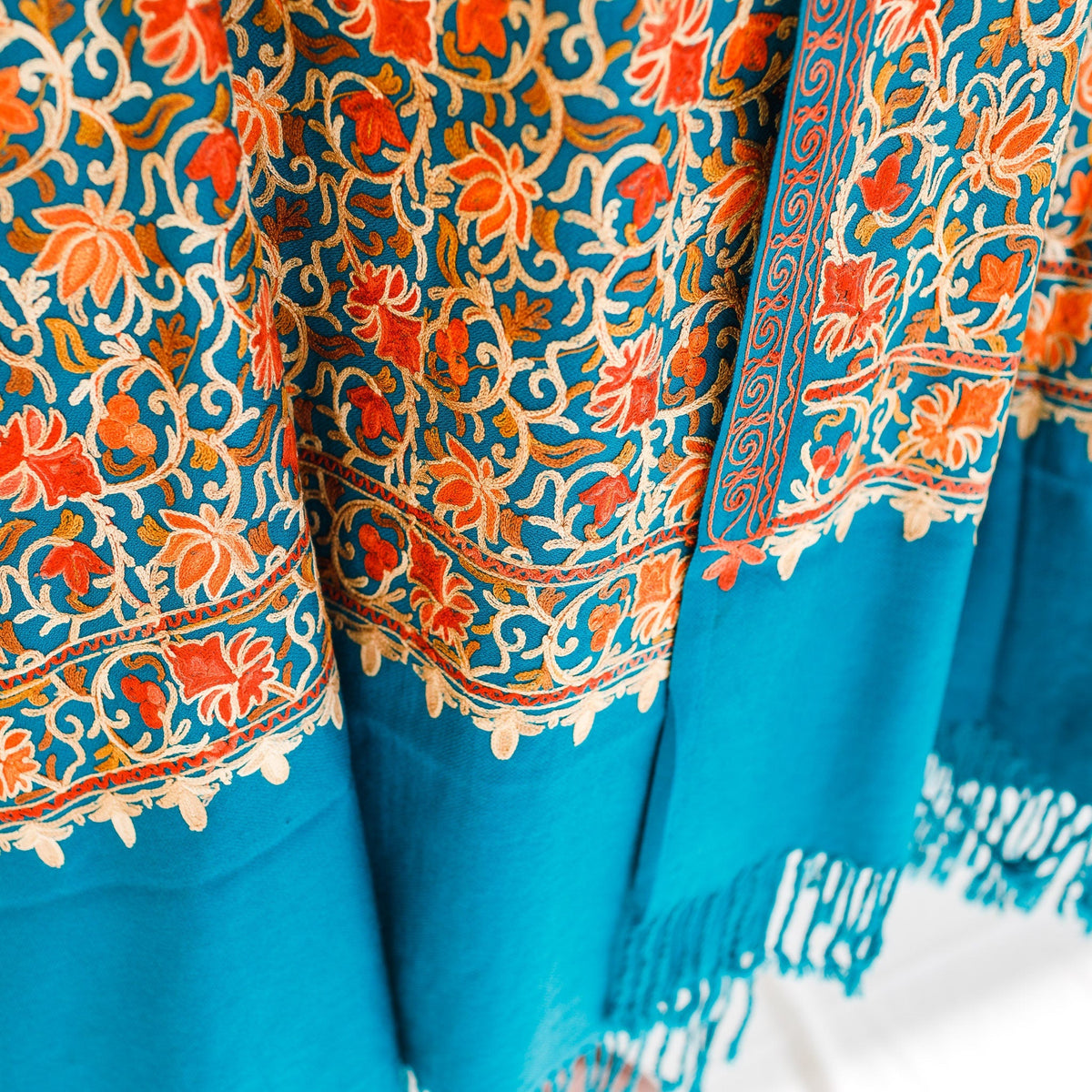 Pashmina Wool Shawl - Turquoise Fully Embroidered