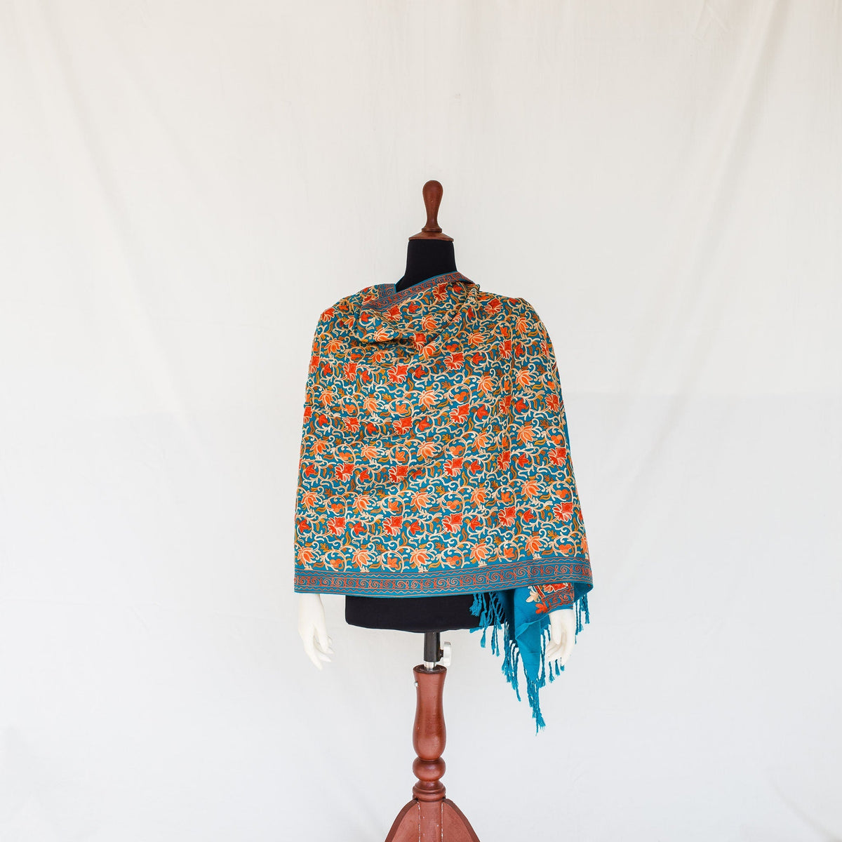 Pashmina Wool Shawl - Turquoise Fully Embroidered