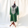Bottle Green Kashmiri Pheran Shirt with Detailed grey white Embroidered top with pockets indian ethnic kurti for women pakistani boho kurti