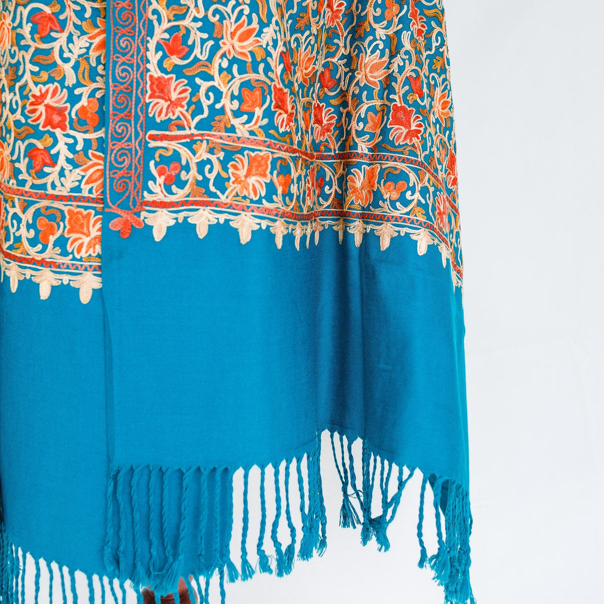 Pashmina Wool Shawl - Turquoise Fully Embroidered