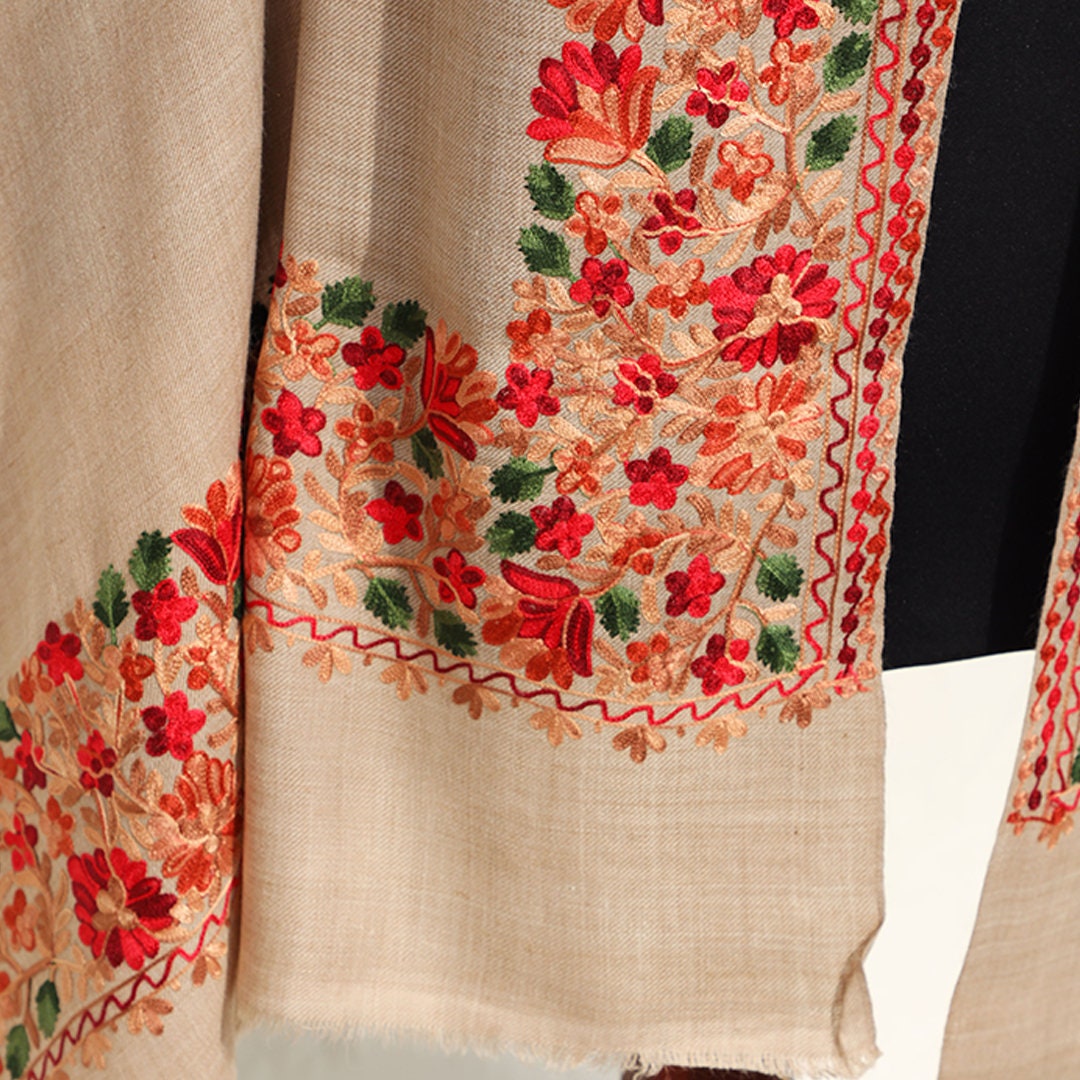 beige embroidered women wedding kashmiri shawl