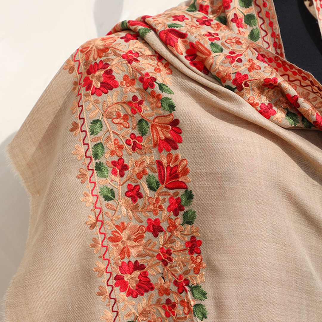 beige embroidered women wedding kashmiri shawl