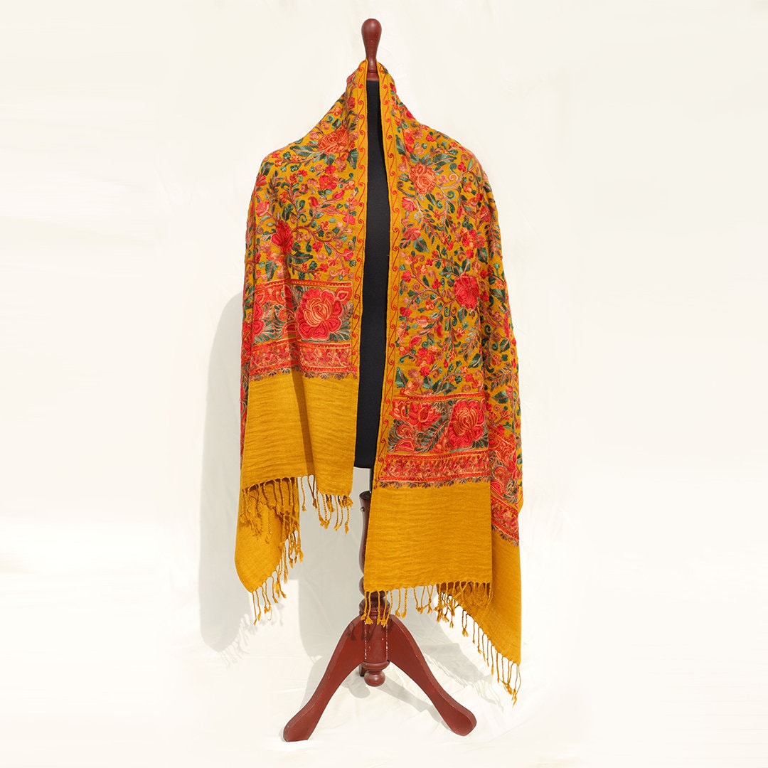 Mustard kashmiri shawl floral embroidery with border work yellow pashmina wool shawl big flower border embroidery for women